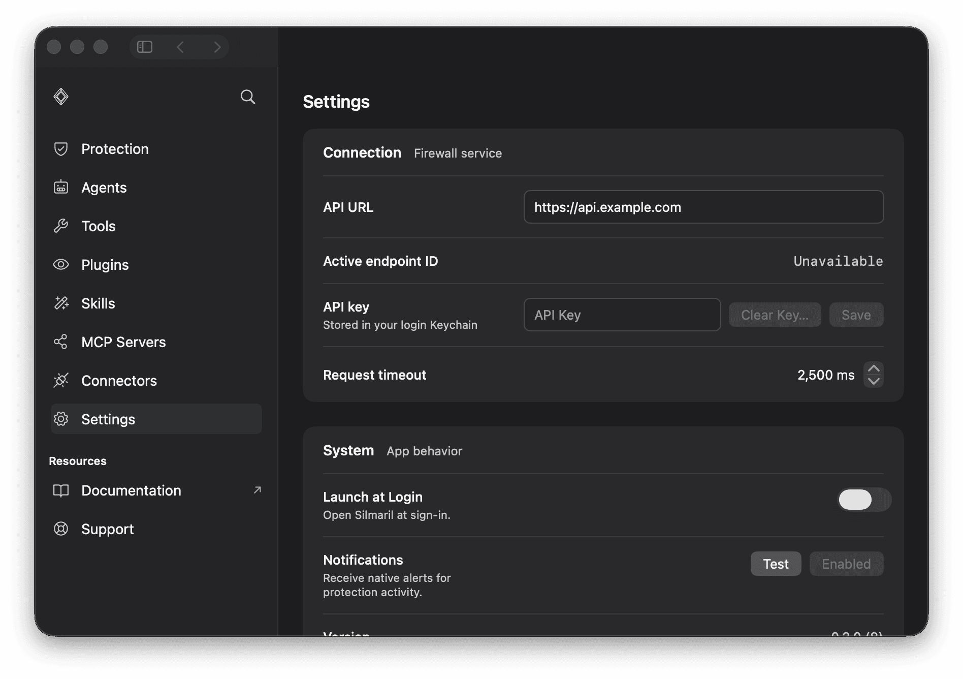 Silmaril Connection settings with a sanitized API URL and an empty API key field