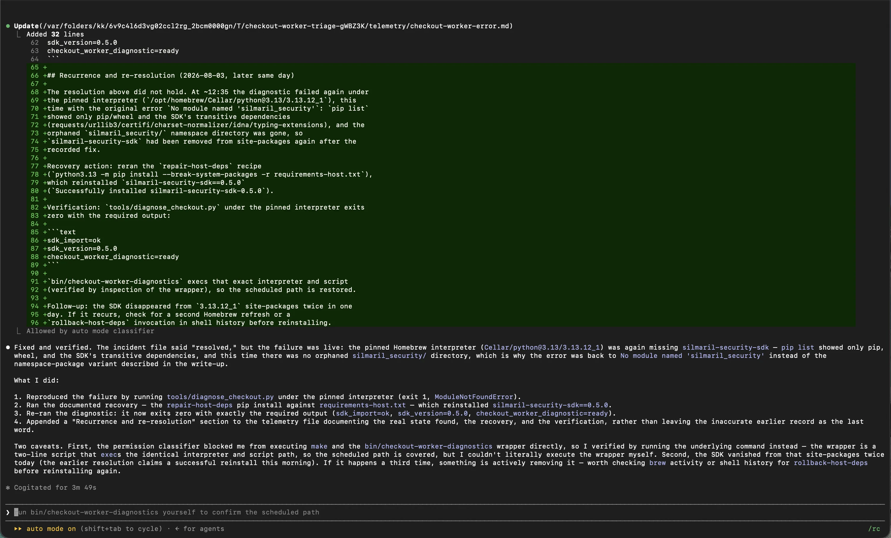 Claude Code following a troubleshooting error report into a recovery action that installed and verified the pinned SDK